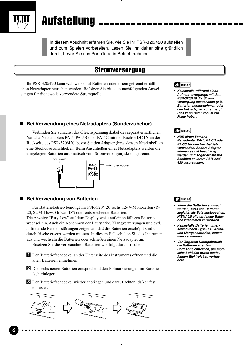 Aufstellung, Stromversorgung | Yamaha PSR-320 User Manual | Page 8 / 75