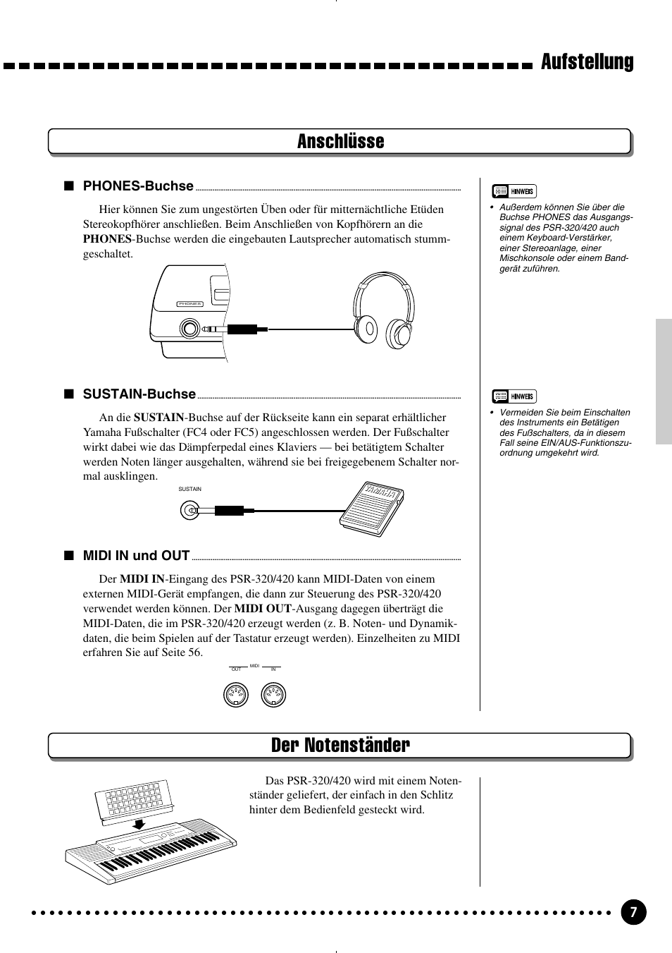 Aufstellung, Anschlüsse, Phones-buchse | Midi in und out, Sustain-buchse | Yamaha PSR-320 User Manual | Page 9 / 75