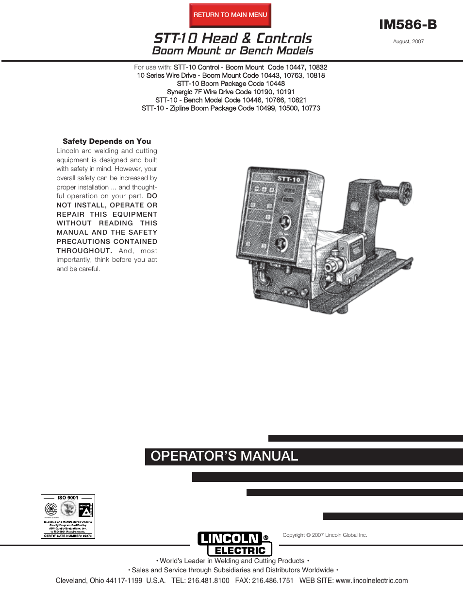 Lincoln Electric IM586 STT-10 Head & Controls User Manual | 50 pages