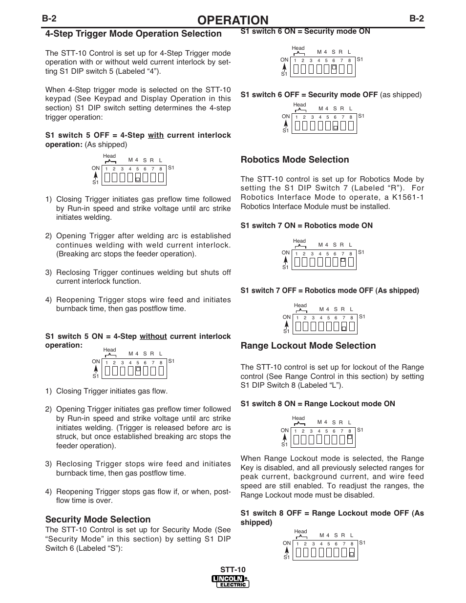 Operation, Step trigger mode operation selection, Security mode selection | Robotics mode selection, Range lockout mode selection, Stt-10 | Lincoln Electric IM586 STT-10 Head & Controls User Manual | Page 19 / 50