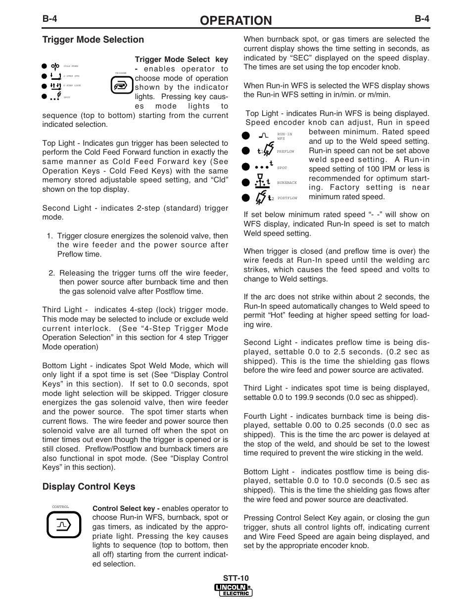 Operation, B-4 trigger mode selection, Display control keys | Lincoln Electric IM586 STT-10 Head & Controls User Manual | Page 21 / 50