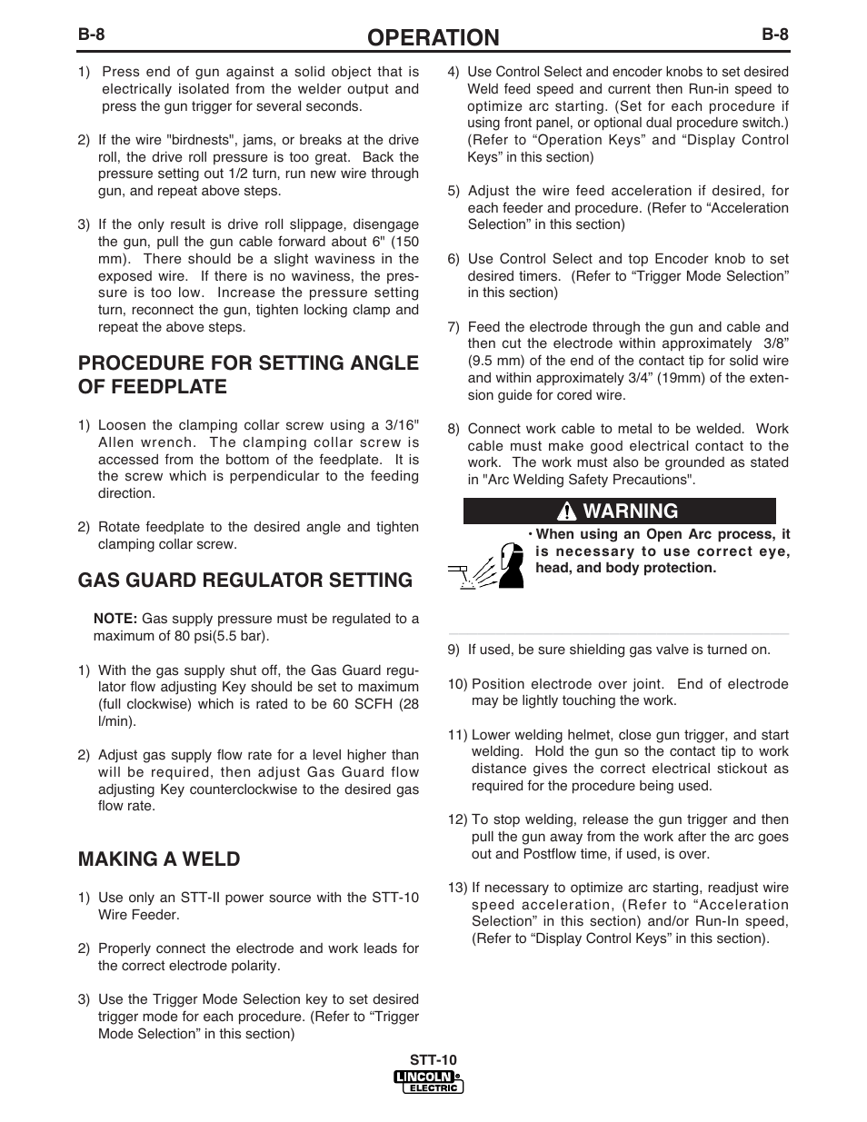 Operation, Procedure for setting angle of feedplate, Gas guard regulator setting | Making a weld, Warning | Lincoln Electric IM586 STT-10 Head & Controls User Manual | Page 25 / 50