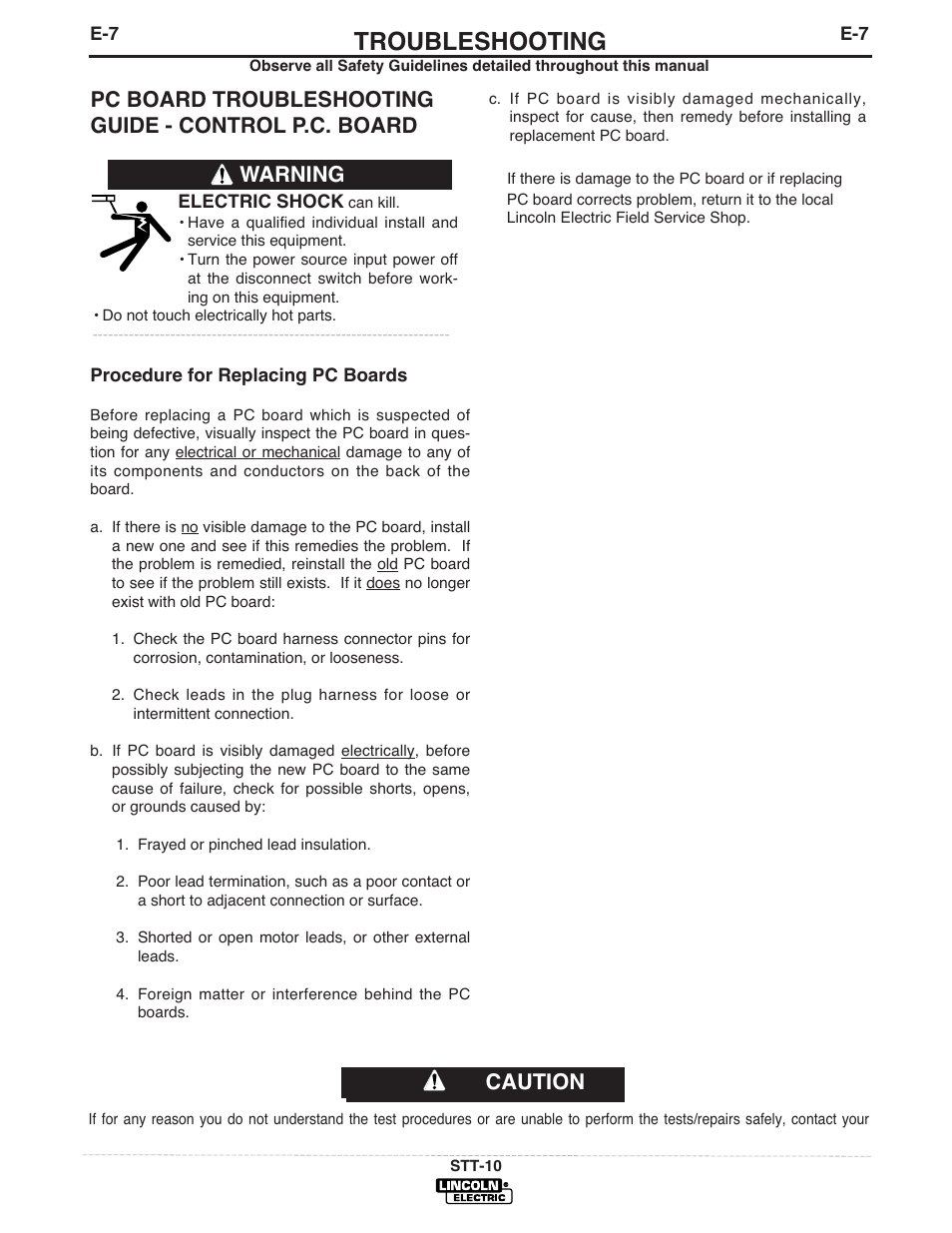 Troubleshooting, Caution, Warning | Lincoln Electric IM586 STT-10 Head & Controls User Manual | Page 38 / 50