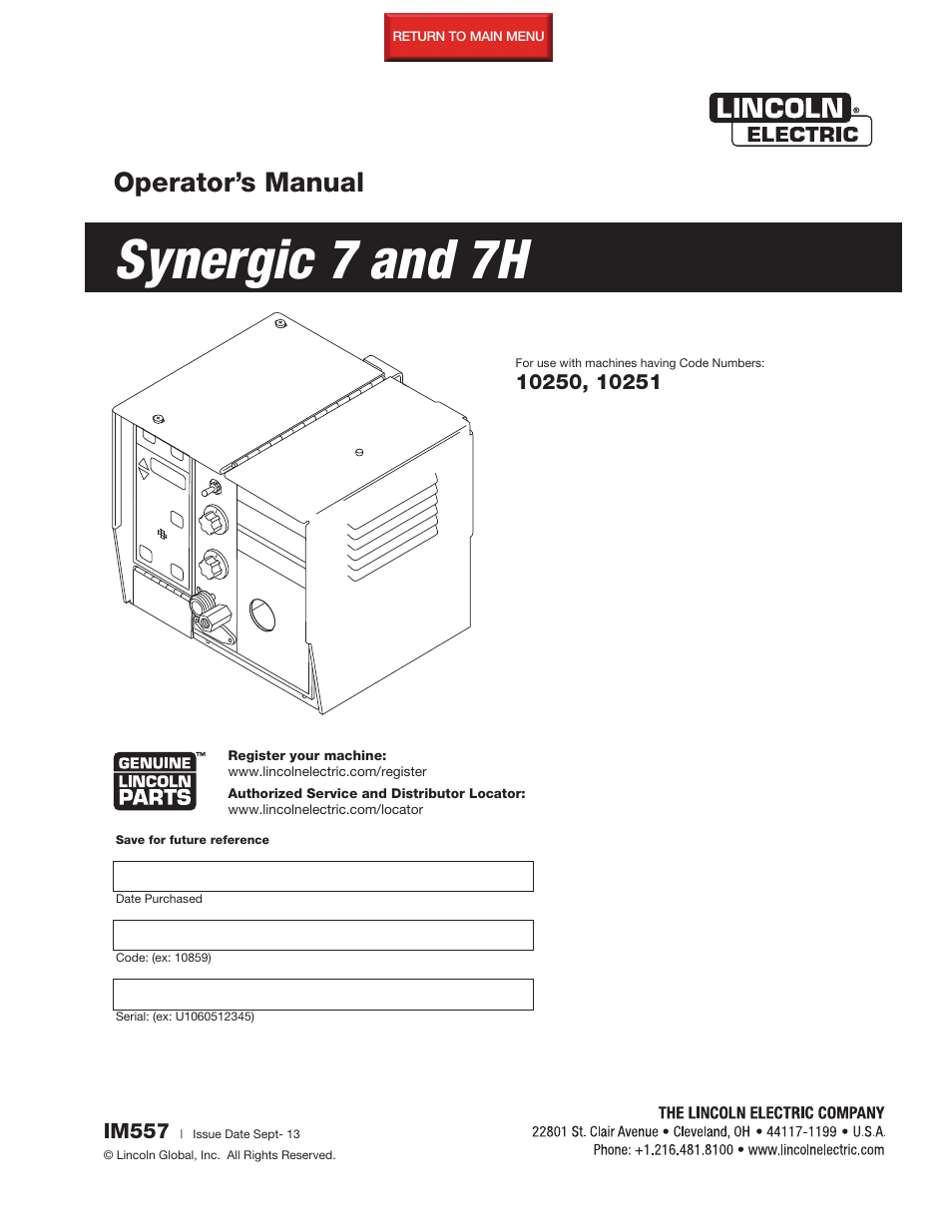 Lincoln Electric IM557 Synergic 7 and 7H User Manual | 68 pages