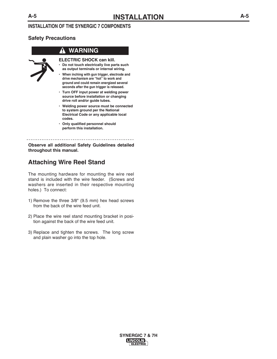 Installation, Attaching wire reel stand, Warning | Lincoln Electric IM557 Synergic 7 and 7H User Manual | Page 11 / 68