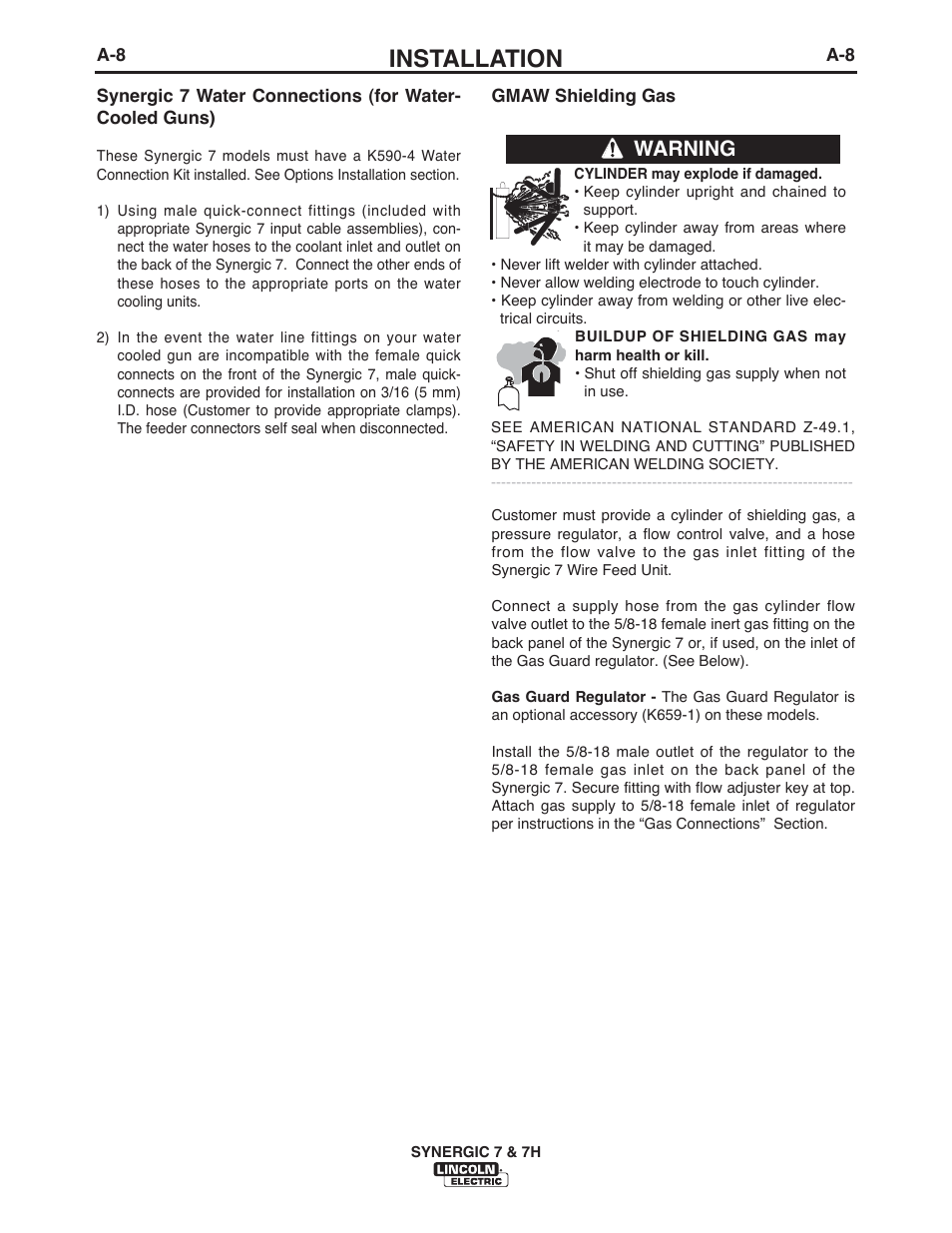 Installation, Warning | Lincoln Electric IM557 Synergic 7 and 7H User Manual | Page 14 / 68