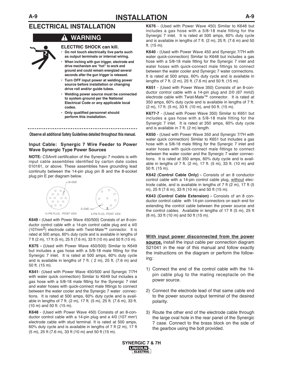 Installation, Electrical installation, Warning | Lincoln Electric IM557 Synergic 7 and 7H User Manual | Page 15 / 68