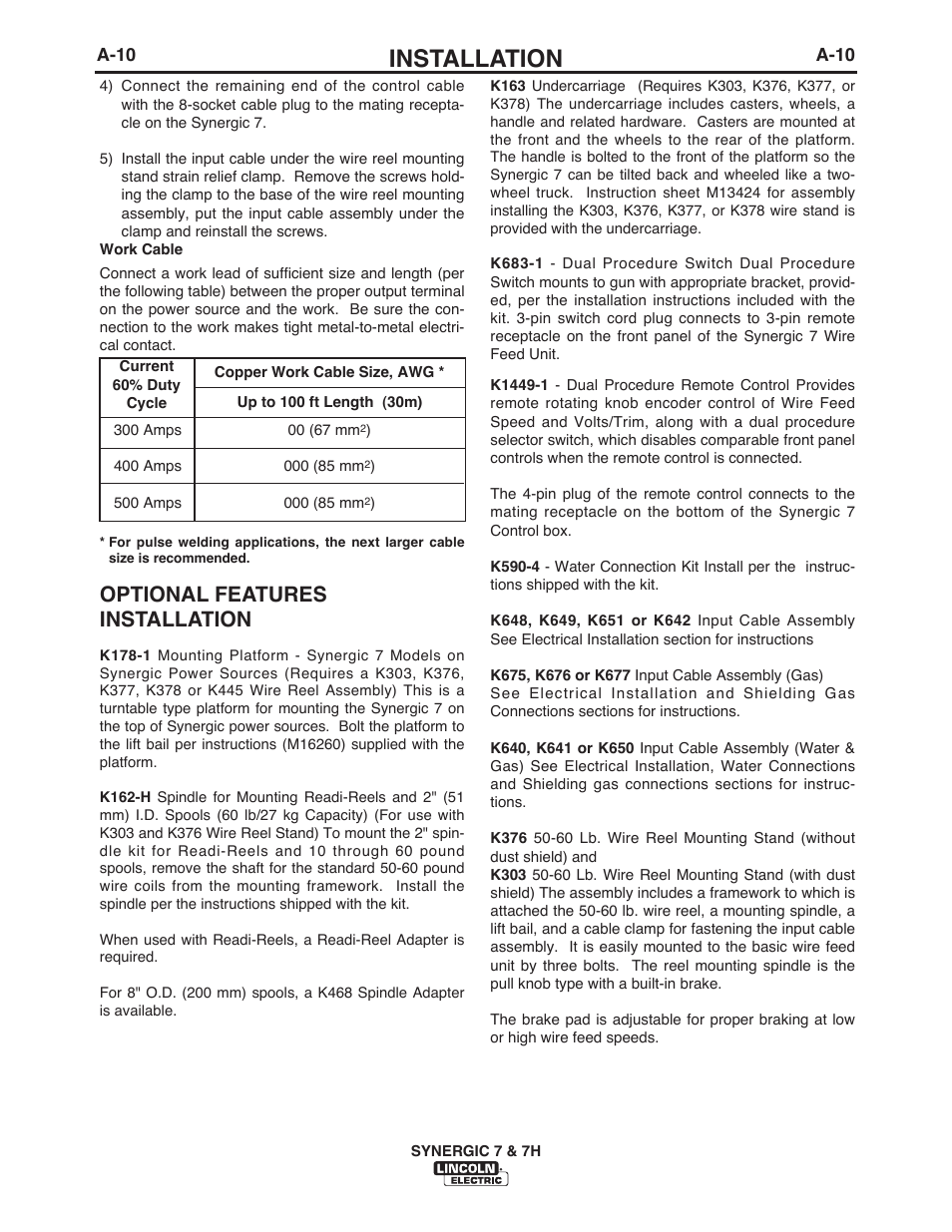 Installation, Optional features installation | Lincoln Electric IM557 Synergic 7 and 7H User Manual | Page 16 / 68