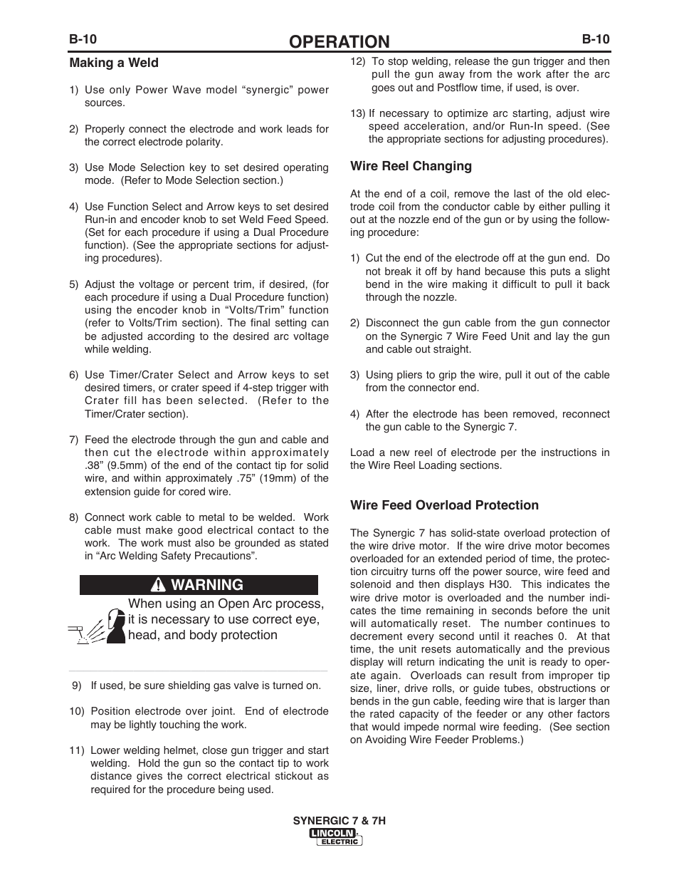 Operation, Warning | Lincoln Electric IM557 Synergic 7 and 7H User Manual | Page 27 / 68