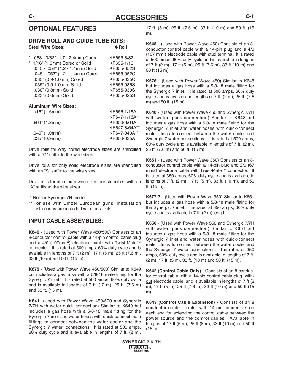 Accessories, Optional features | Lincoln Electric IM557 Synergic 7 and 7H User Manual | Page 29 / 68