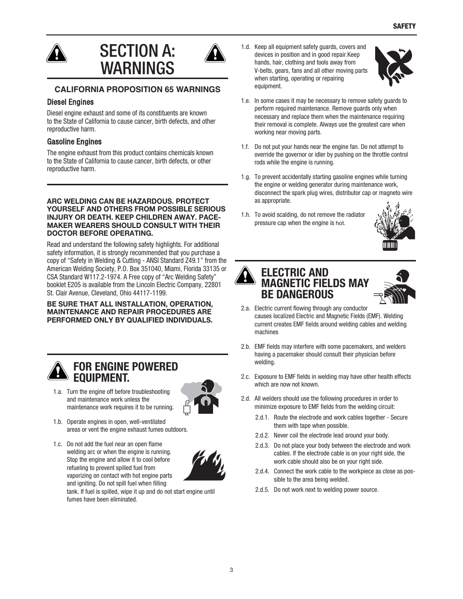 For engine powered equipment, Electric and magnetic fields may be dangerous | Lincoln Electric IM557 Synergic 7 and 7H User Manual | Page 3 / 68