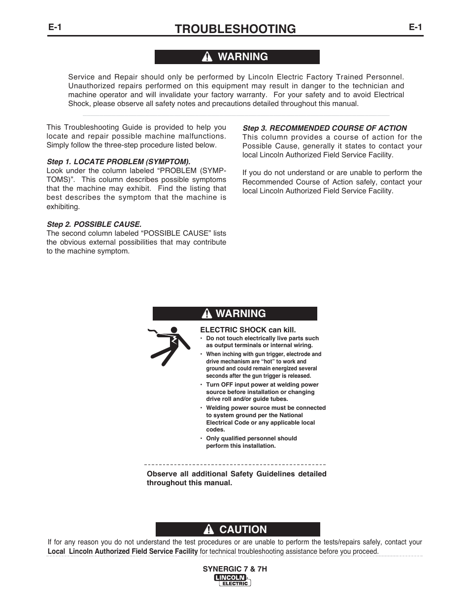 Troubleshooting, Warning, Caution | Lincoln Electric IM557 Synergic 7 and 7H User Manual | Page 34 / 68