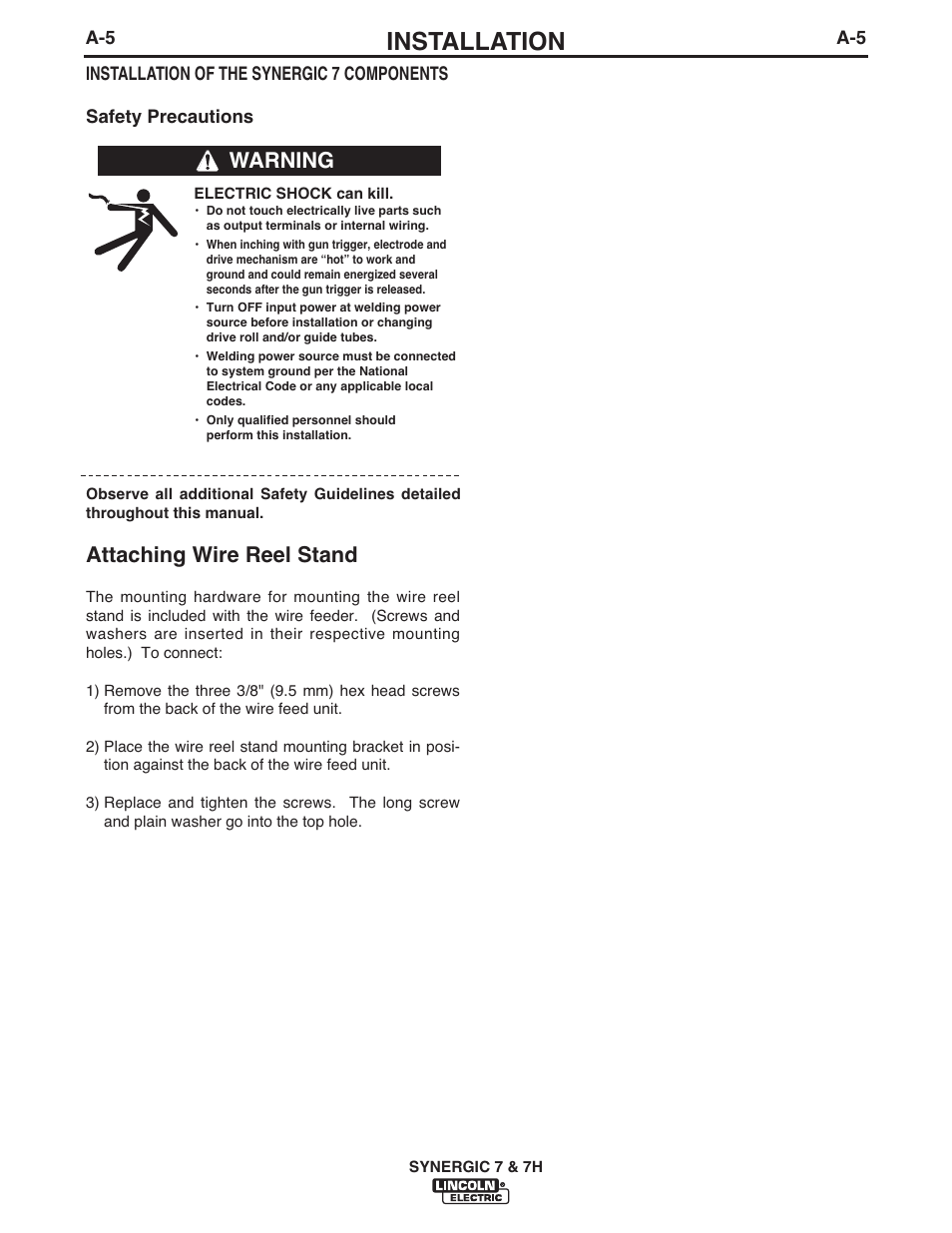 Installation, Attaching wire reel stand, Warning | Lincoln Electric IM558 Synergic 7 and 7H Water Cooled User Manual | Page 12 / 52