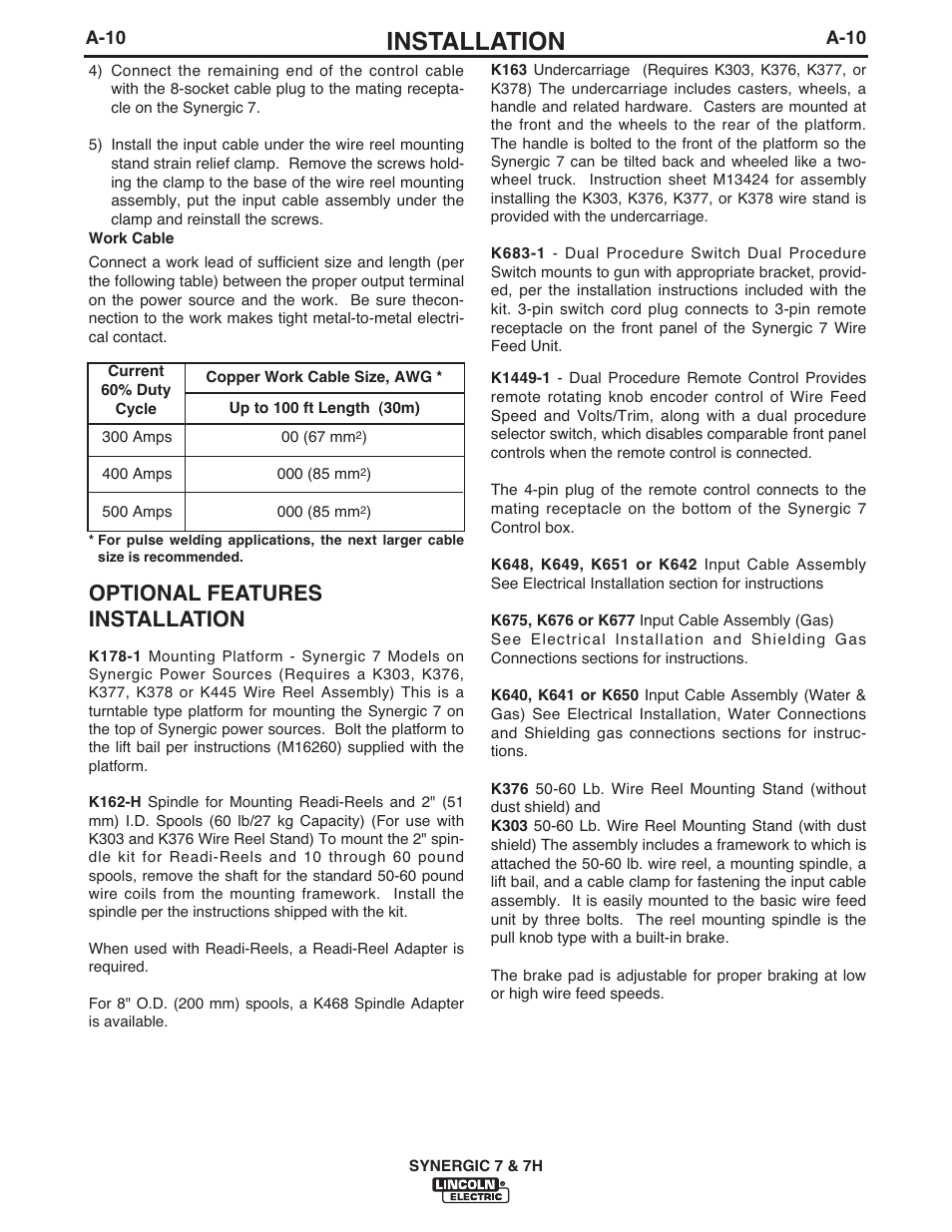 Installation, Optional features installation | Lincoln Electric IM558 Synergic 7 and 7H Water Cooled User Manual | Page 17 / 52