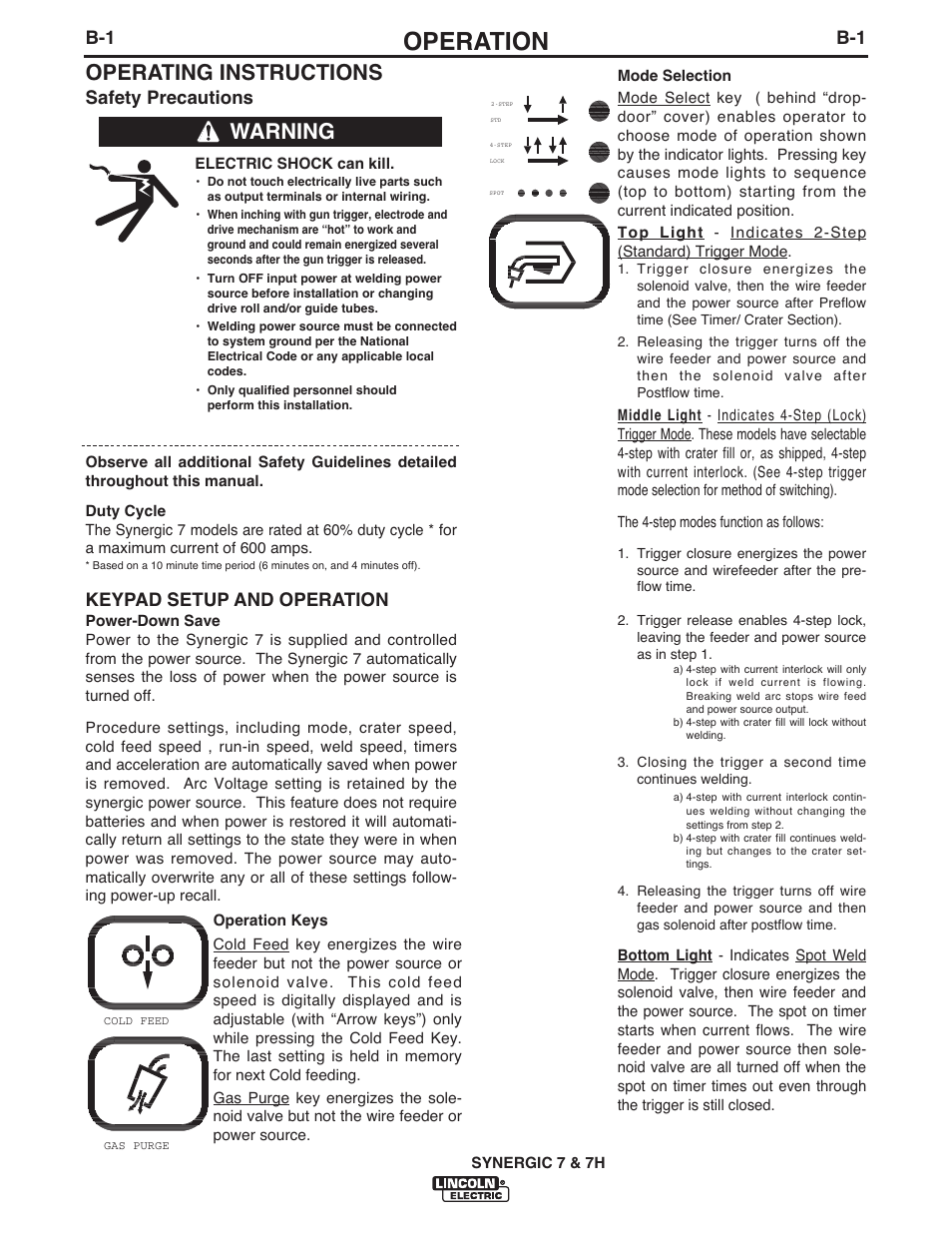 Operation, Operating instructions, Warning | Safety precautions, Keypad setup and operation | Lincoln Electric IM558 Synergic 7 and 7H Water Cooled User Manual | Page 19 / 52