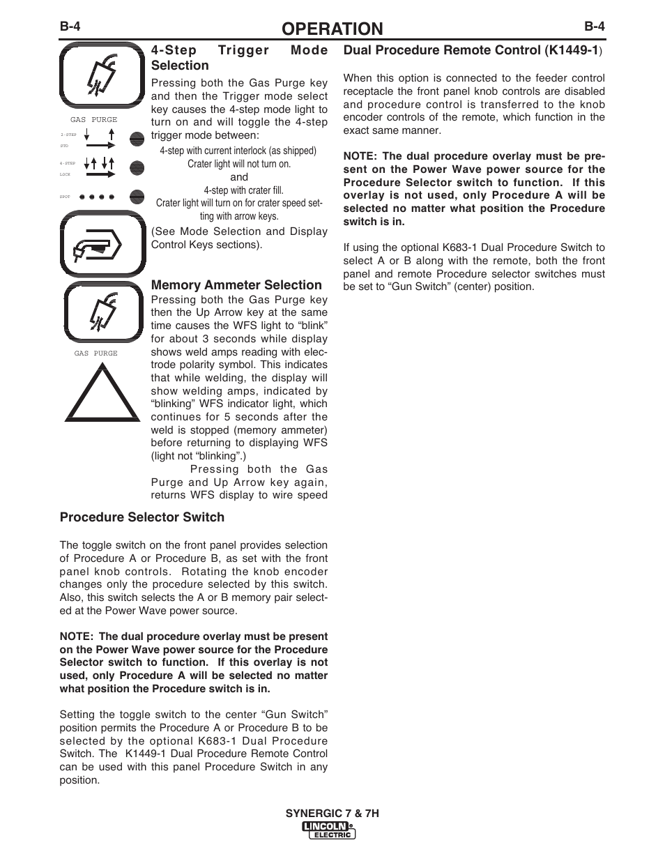 Operation, B-4 procedure selector switch, Step trigger mode selection | Lincoln Electric IM558 Synergic 7 and 7H Water Cooled User Manual | Page 22 / 52