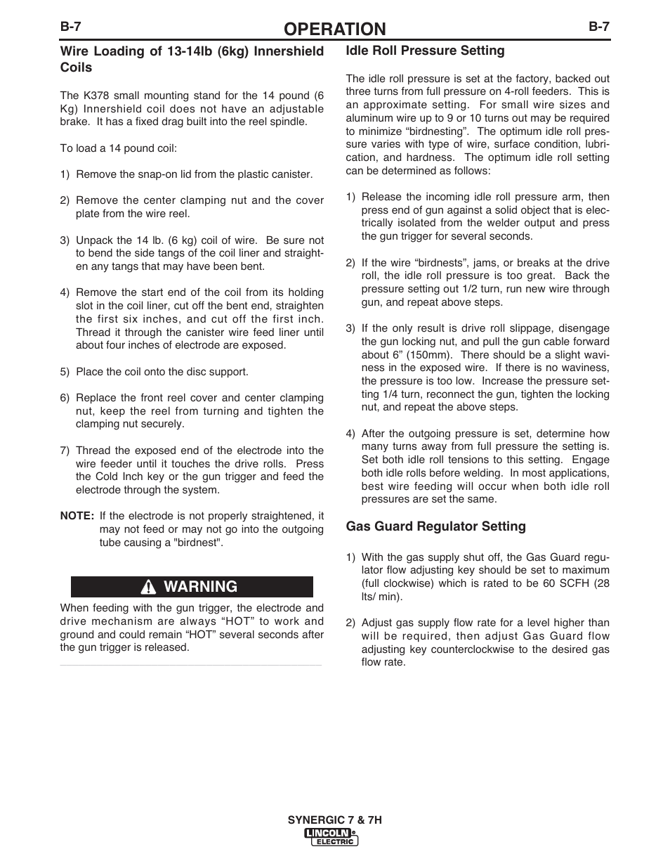 Operation, Warning | Lincoln Electric IM558 Synergic 7 and 7H Water Cooled User Manual | Page 25 / 52