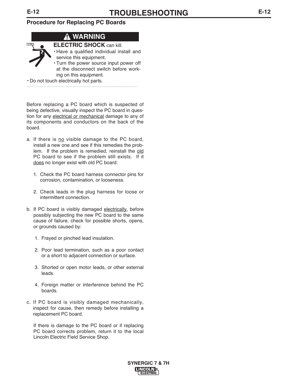 Troubleshooting, Warning | Lincoln Electric IM558 Synergic 7 and 7H Water Cooled User Manual | Page 43 / 52