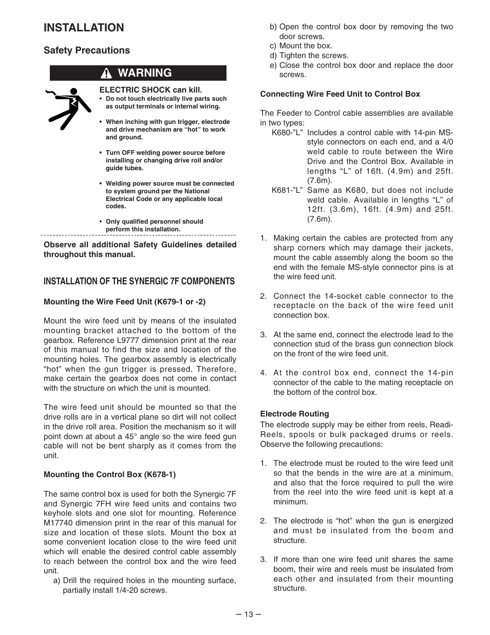 Installation, Warning | Lincoln Electric IM539 Synergic 7F and 7FH User Manual | Page 13 / 44