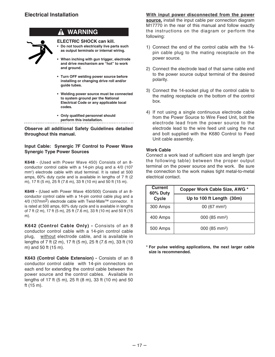 Warning, Electrical installation | Lincoln Electric IM539 Synergic 7F and 7FH User Manual | Page 17 / 44