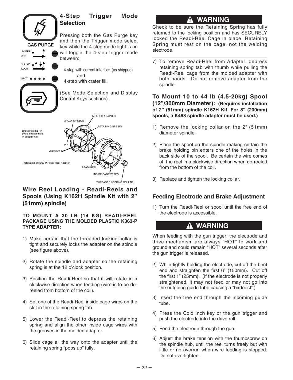 Warning, Feeding electrode and brake adjustment, Step trigger mode selection | Lincoln Electric IM539 Synergic 7F and 7FH User Manual | Page 22 / 44