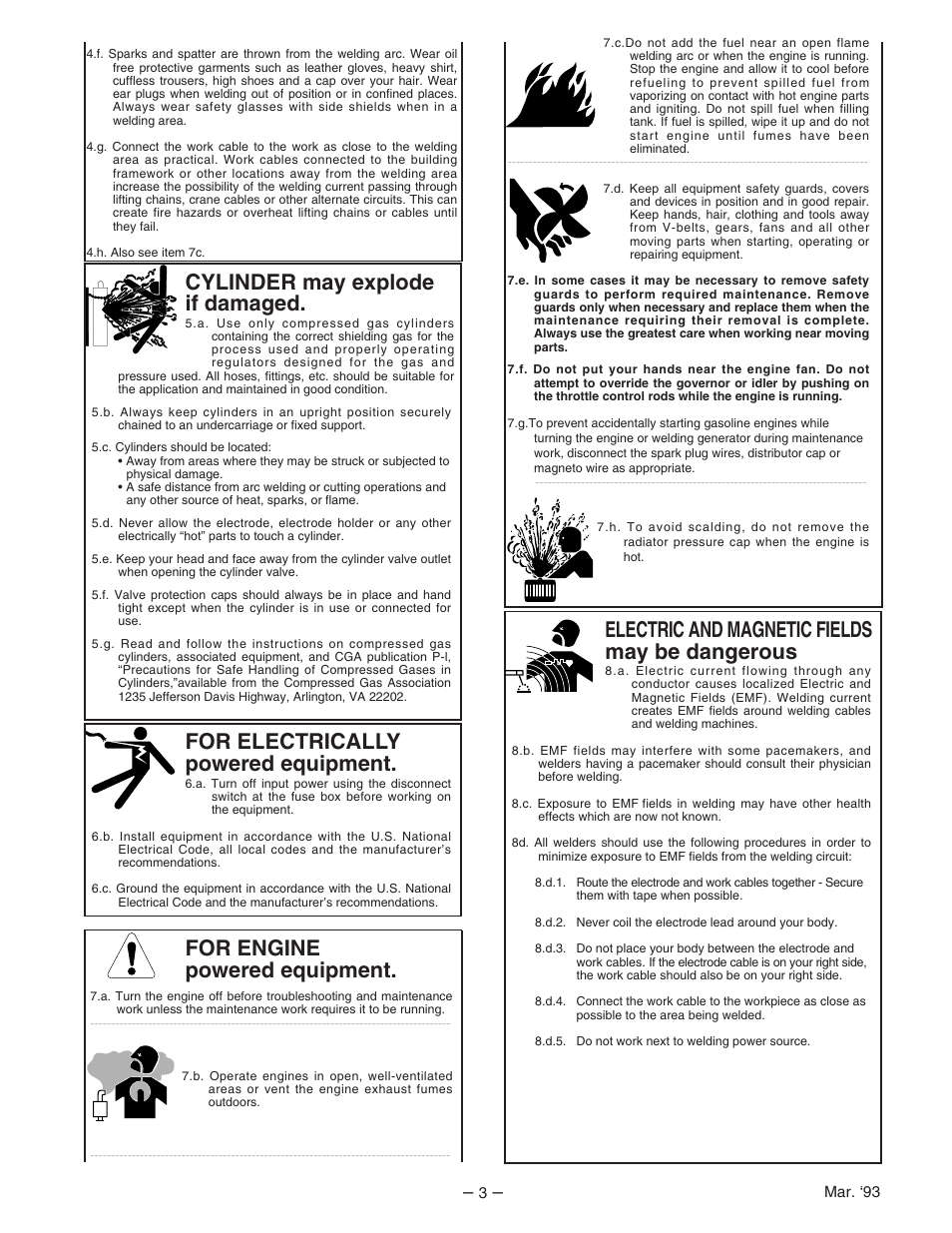 For engine powered equipment, For electrically powered equipment, Cylinder may explode if damaged | Electric and magnetic fields may be dangerous | Lincoln Electric IM539 Synergic 7F and 7FH User Manual | Page 3 / 44