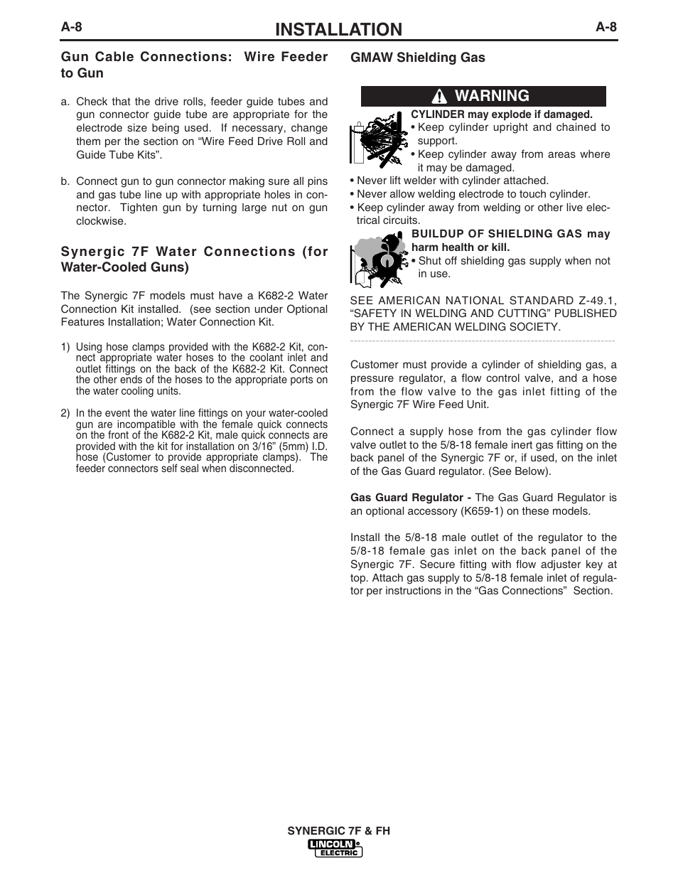 Installation, Warning | Lincoln Electric IM559 Synergic 7F and 7FH User Manual | Page 15 / 50