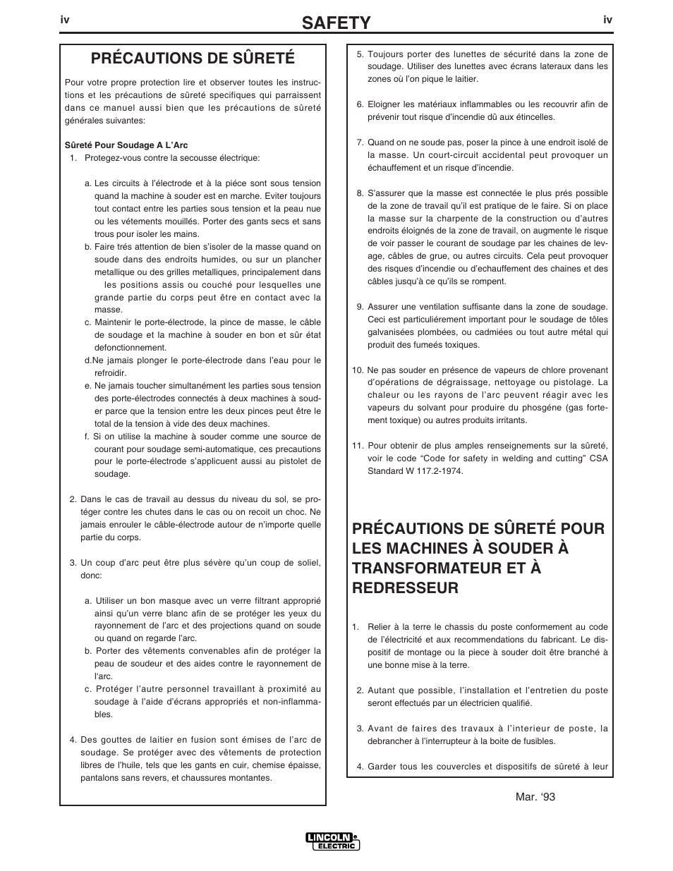 Safety, Précautions de sûreté | Lincoln Electric IM559 Synergic 7F and 7FH User Manual | Page 5 / 50