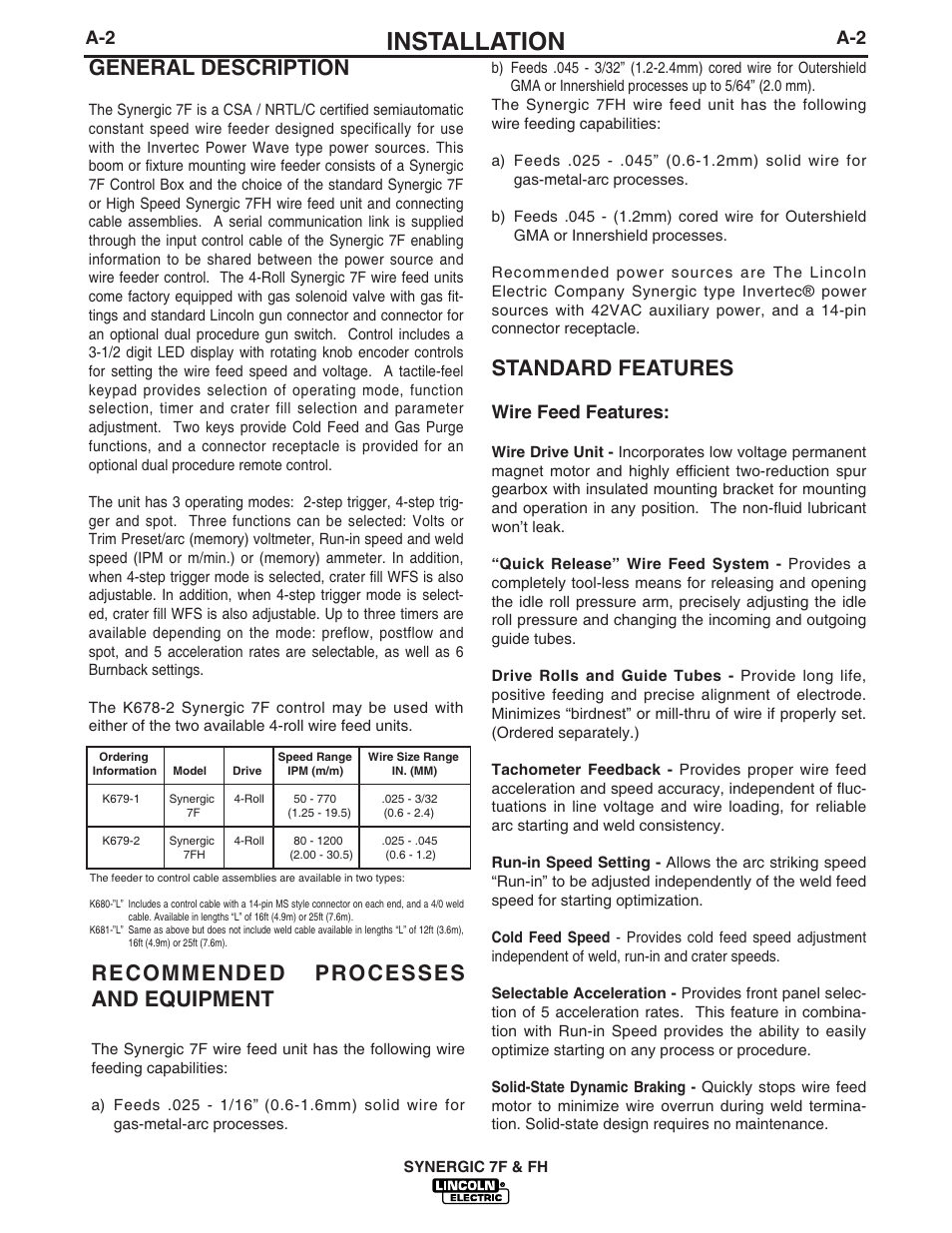 Installation, General description, Standard features | Recommended processes and equipment | Lincoln Electric IM559 Synergic 7F and 7FH User Manual | Page 9 / 50