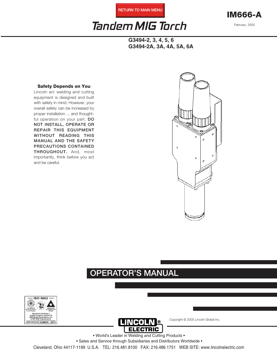 Lincoln Electric IM666 TANDEM MIG Torch G3494-2A, 3A, 4A, 5A, 6A User Manual | 25 pages