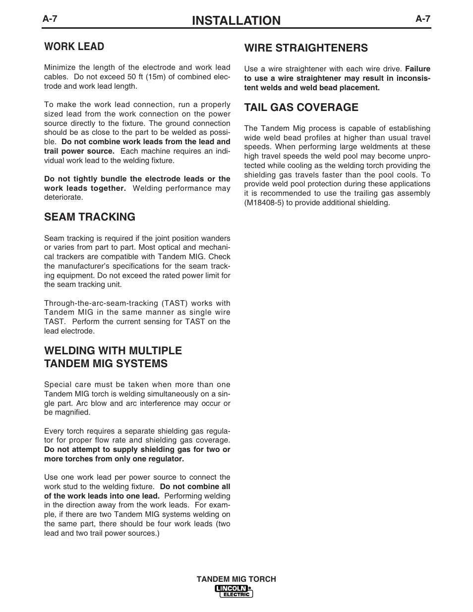 Installation, Wire straighteners, Tail gas coverage | Work lead, Seam tracking, Welding with multiple tandem mig systems | Lincoln Electric IM666 TANDEM MIG Torch G3494-2A, 3A, 4A, 5A, 6A User Manual | Page 14 / 25