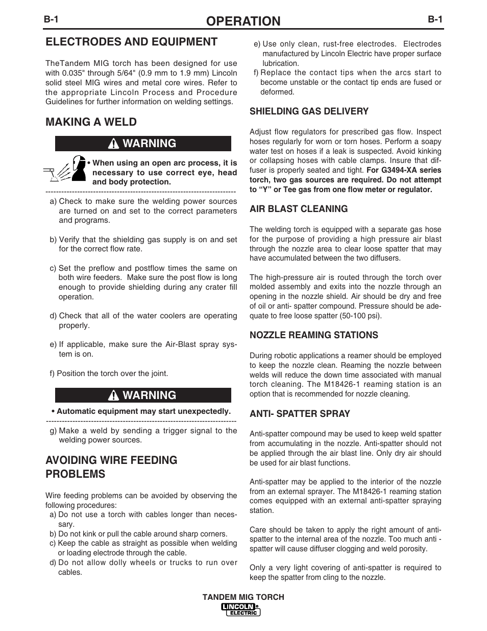 Operation, Electrodes and equipment, Making a weld | Avoiding wire feeding problems, Warning | Lincoln Electric IM666 TANDEM MIG Torch G3494-2A, 3A, 4A, 5A, 6A User Manual | Page 15 / 25