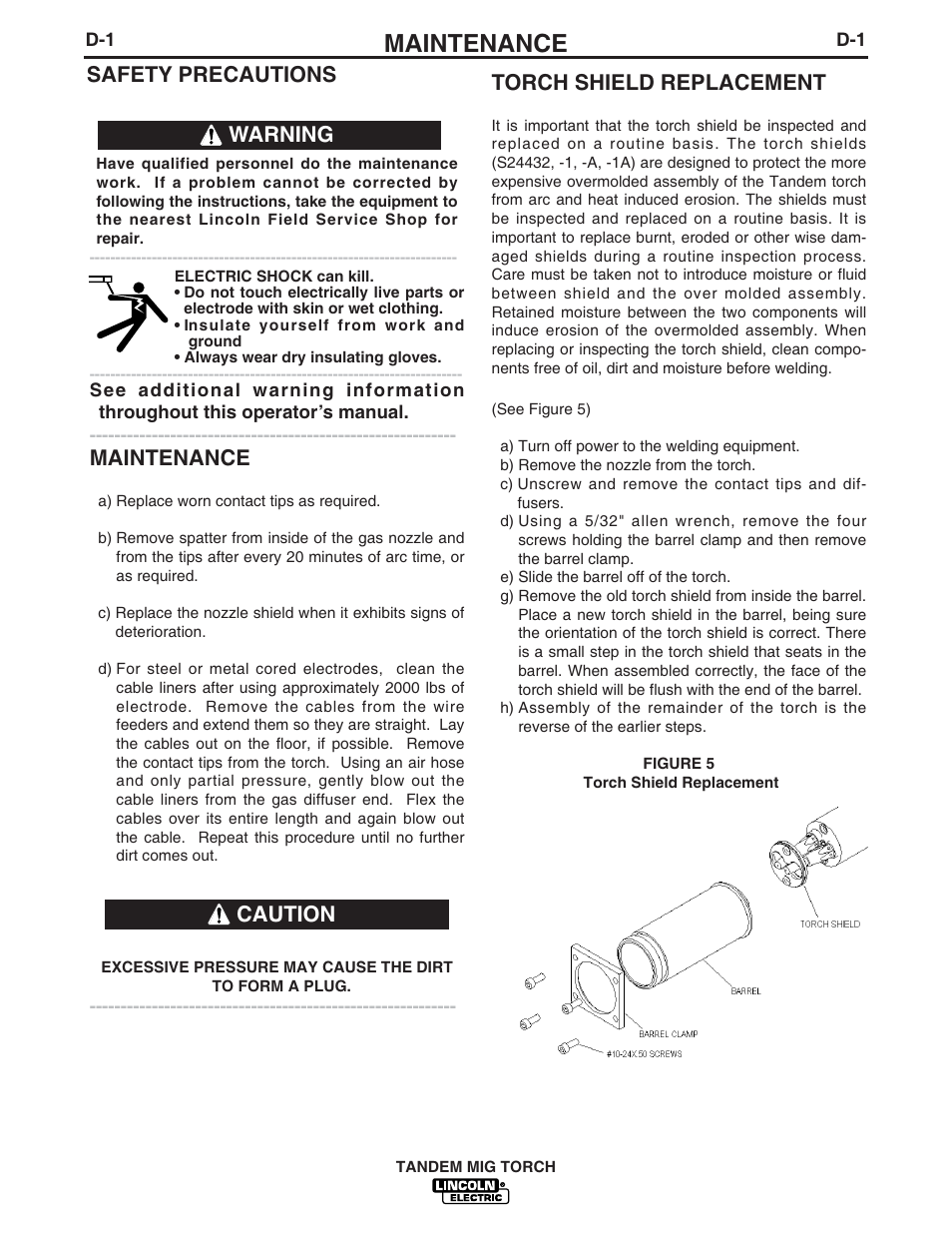 Maintenance, Torch shield replacement, Safety precautions | Warning caution | Lincoln Electric IM666 TANDEM MIG Torch G3494-2A, 3A, 4A, 5A, 6A User Manual | Page 17 / 25