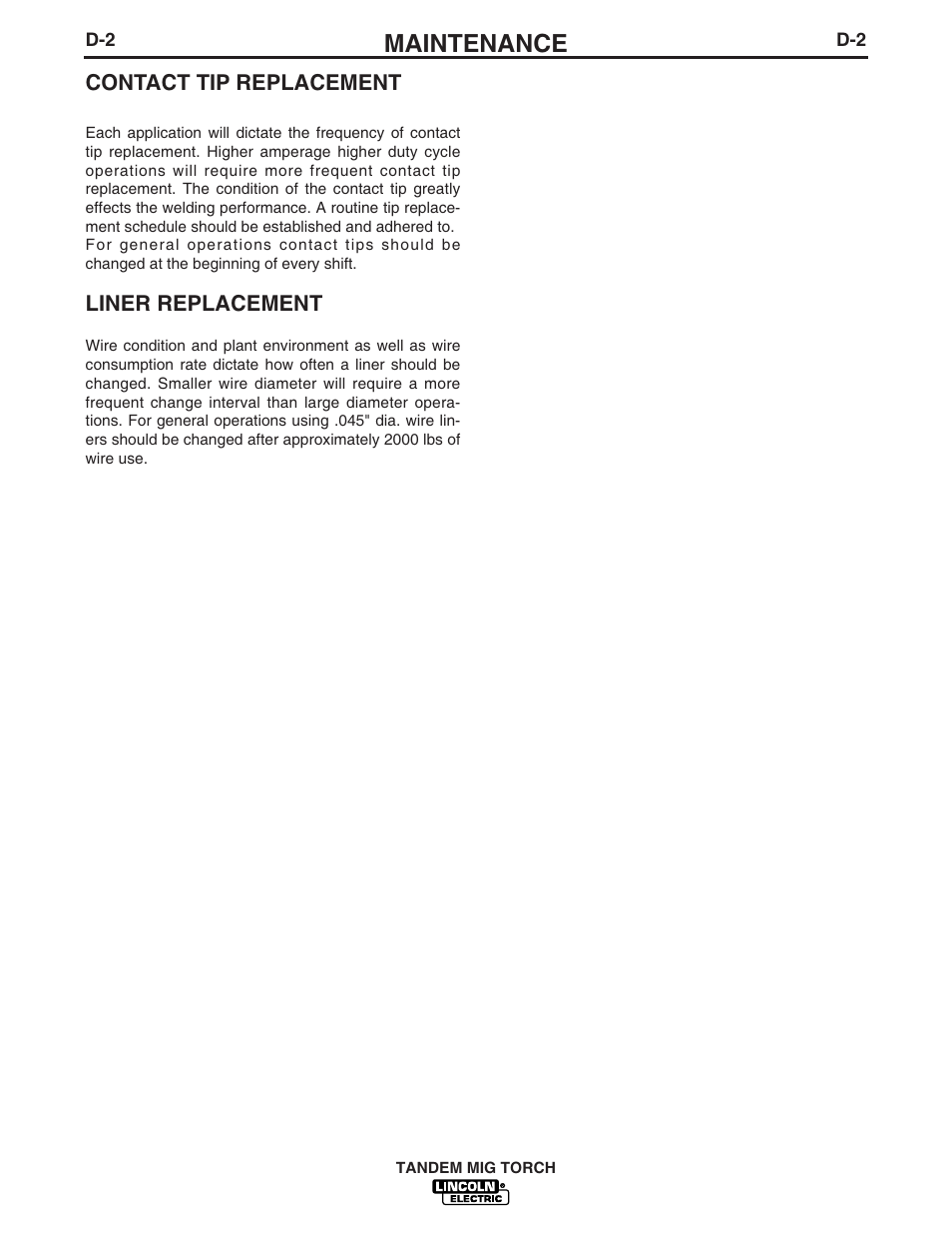 Maintenance | Lincoln Electric IM666 TANDEM MIG Torch G3494-2A, 3A, 4A, 5A, 6A User Manual | Page 18 / 25