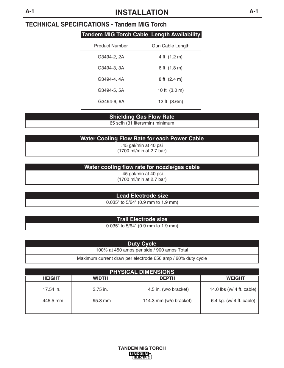 Installation, Technical specifications - tandem mig torch | Lincoln Electric IM666 TANDEM MIG Torch G3494-2A, 3A, 4A, 5A, 6A User Manual | Page 8 / 25