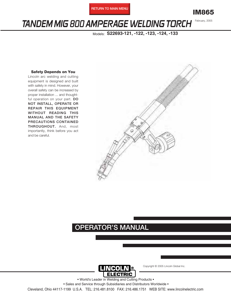 Lincoln Electric IM865 TANDEM MIG 800 AMPERAGE WELDING TORCH S22693-121,-122,-123,-124,-133 User Manual | 25 pages