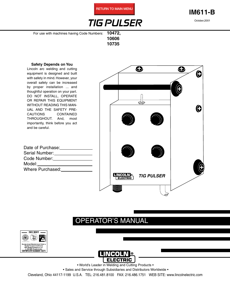 Lincoln Electric IM611 TIG PULSER User Manual | 24 pages