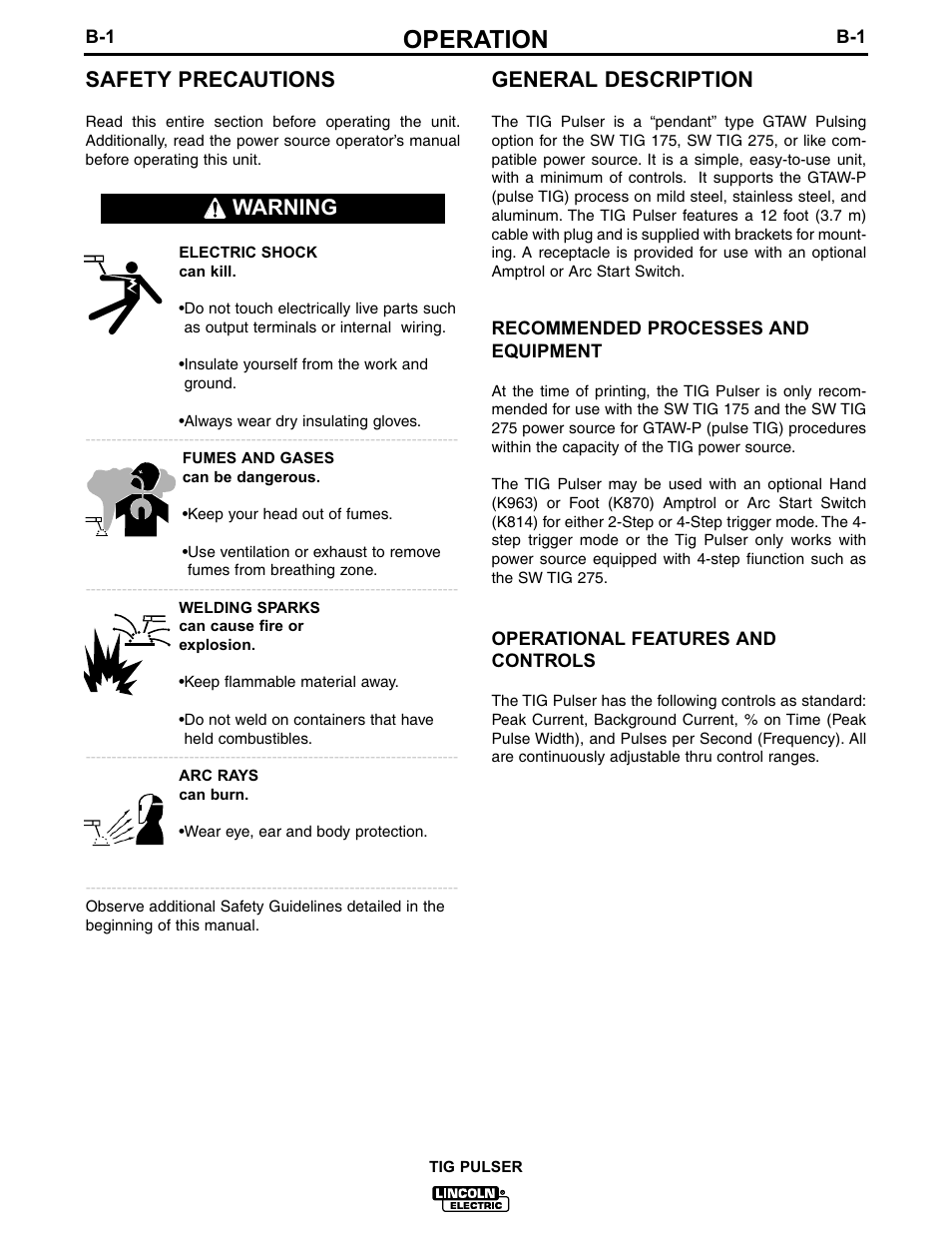 Operation, Safety precautions, General description | Warning | Lincoln Electric IM611 TIG PULSER User Manual | Page 11 / 24