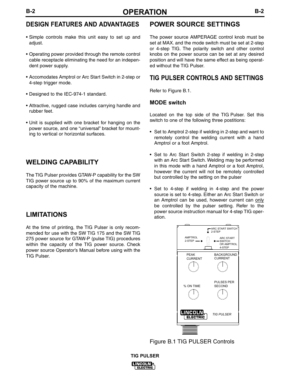 Operation, Design features and advantages, Welding capability | Limitations, Power source settings, Tig pulser controls and settings | Lincoln Electric IM611 TIG PULSER User Manual | Page 12 / 24