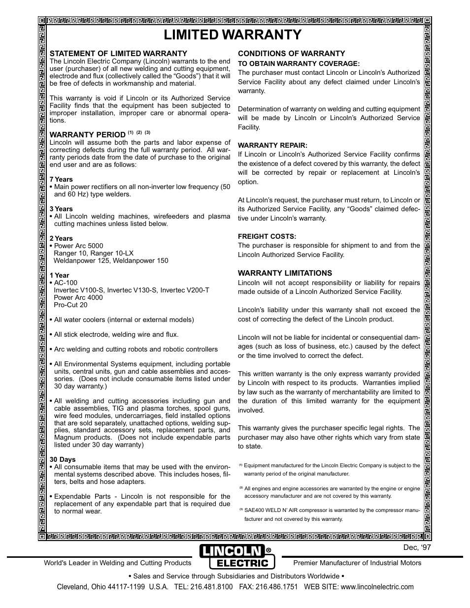 Limited warranty | Lincoln Electric IM611 TIG PULSER User Manual | Page 24 / 24