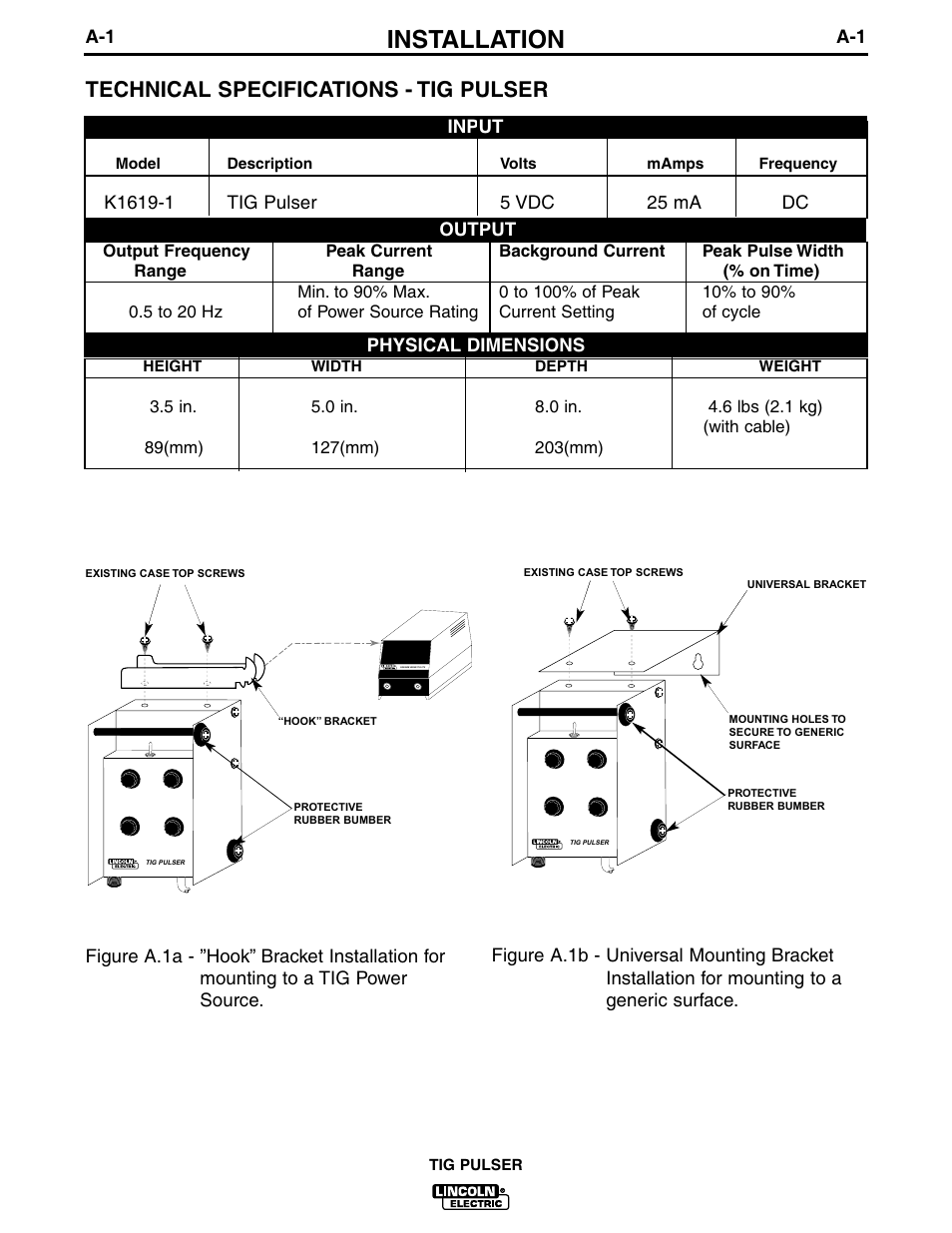 Installation, Technical specifications - tig pulser | Lincoln Electric IM611 TIG PULSER User Manual | Page 8 / 24