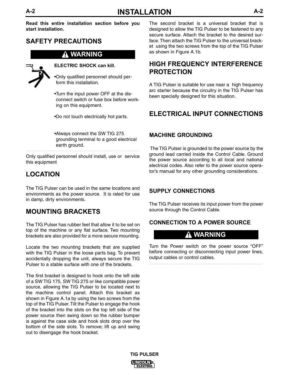 Installation, Safety precautions, Location | Mounting brackets, High frequency interference protection, Electrical input connections, Warning | Lincoln Electric IM611 TIG PULSER User Manual | Page 9 / 24