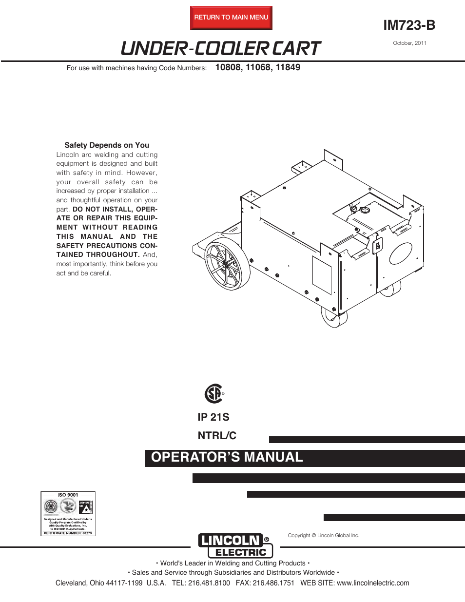 Lincoln Electric IM723 UNDER-COOLER CART User Manual | 28 pages