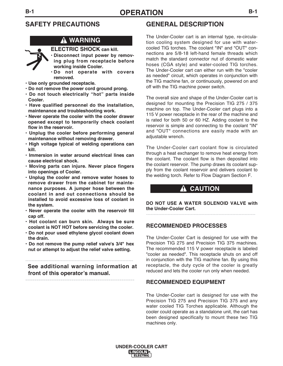 Operation, Safety precautions general description, Warning caution | Lincoln Electric IM723 UNDER-COOLER CART User Manual | Page 13 / 28