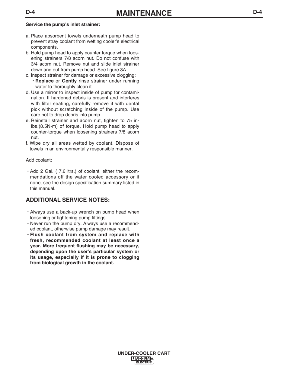 Maintenance | Lincoln Electric IM723 UNDER-COOLER CART User Manual | Page 18 / 28