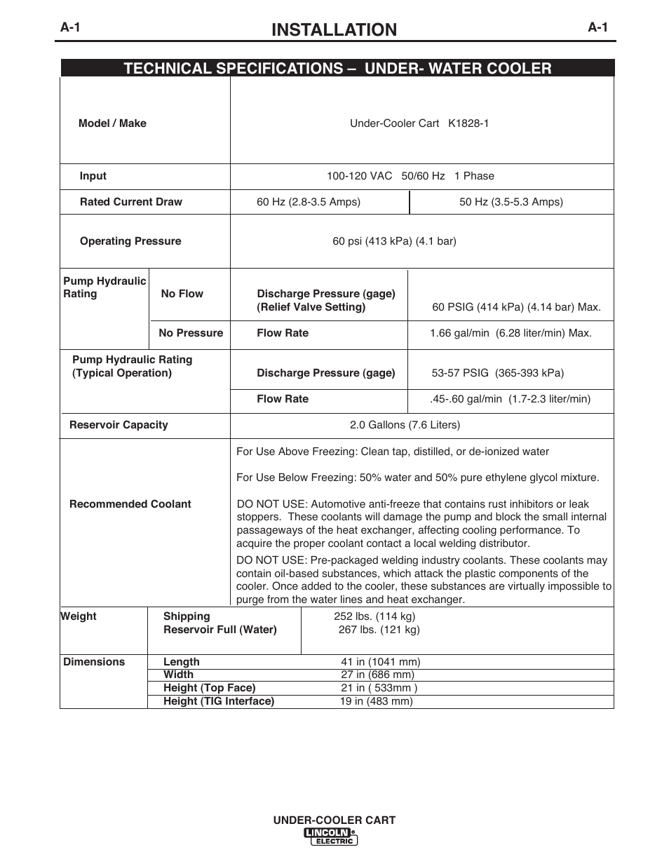 Installation, Technical specifications – under- water cooler | Lincoln Electric IM723 UNDER-COOLER CART User Manual | Page 8 / 28