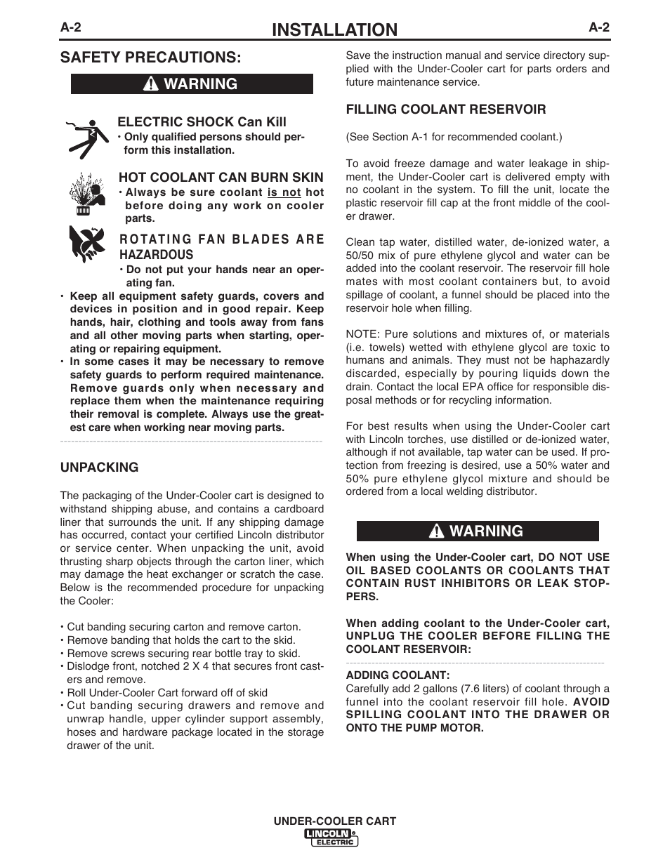 Installation, Safety precautions, Warning | Lincoln Electric IM723 UNDER-COOLER CART User Manual | Page 9 / 28