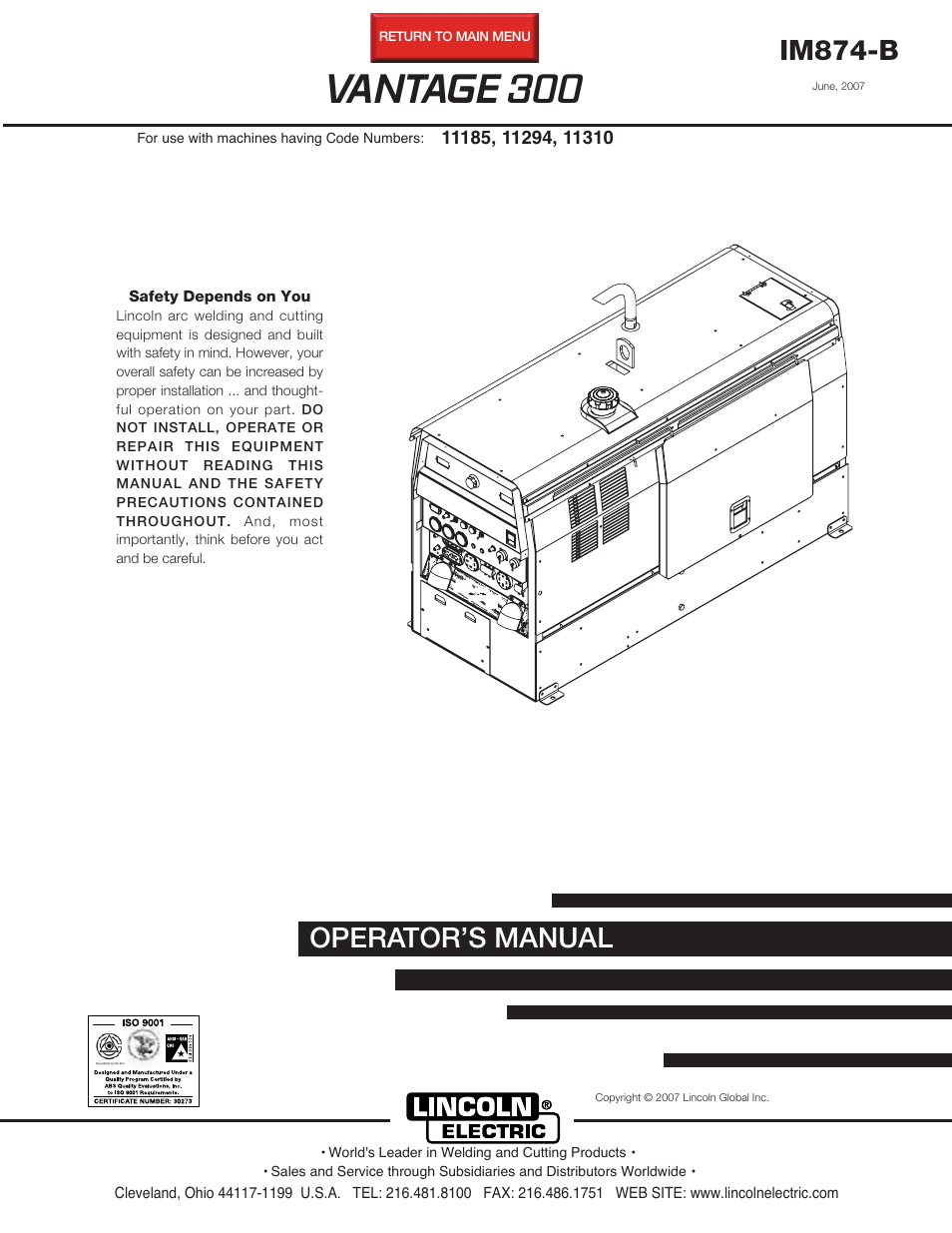 Lincoln Electric IM874 VANTAGE 300 User Manual | 57 pages