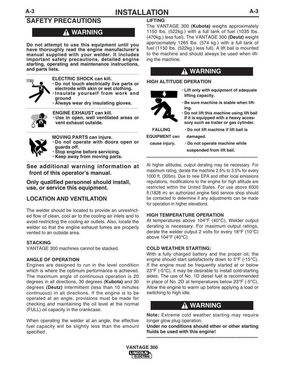 Installation, Warning, Safety precautions | Lincoln Electric IM874 VANTAGE 300 User Manual | Page 11 / 57