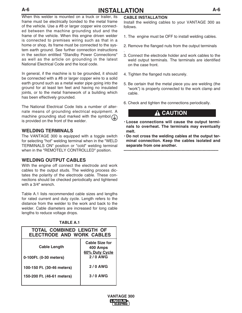 Installation, Caution | Lincoln Electric IM874 VANTAGE 300 User Manual | Page 14 / 57